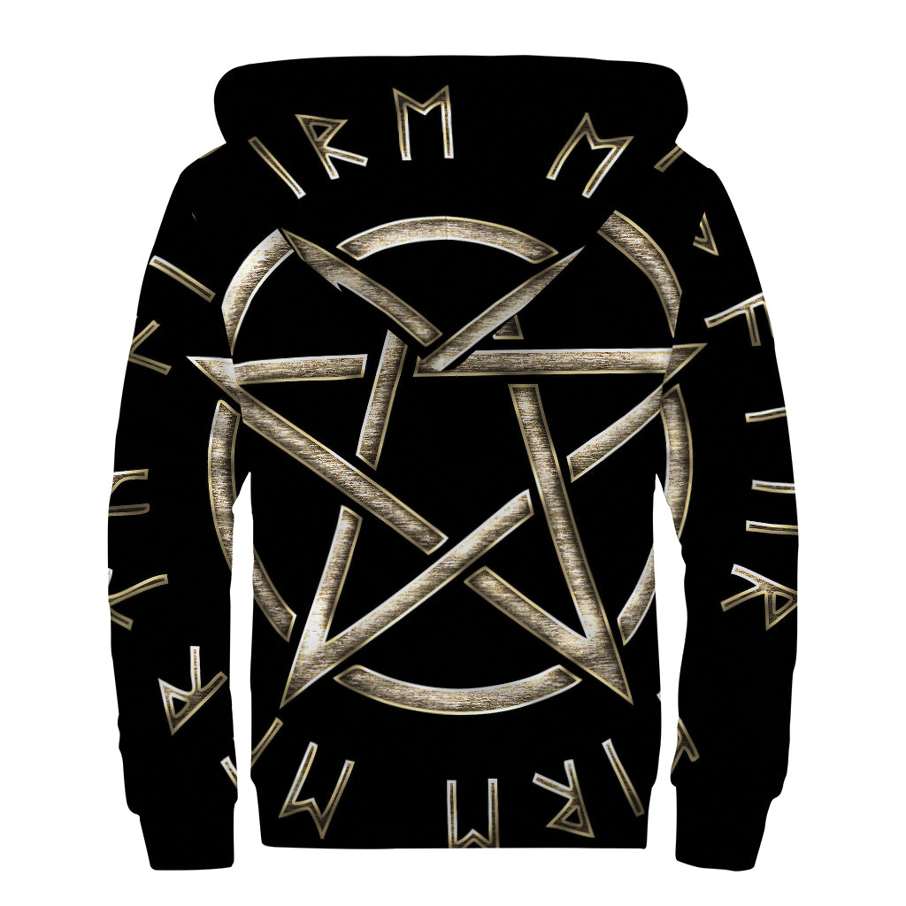 Viking Nordic Runes Pentagram Print Sherpa Lined Zip Up Hoodie