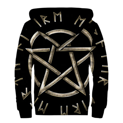 Viking Nordic Runes Pentagram Print Sherpa Lined Zip Up Hoodie