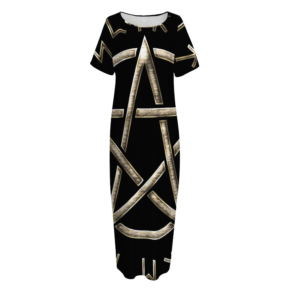 Viking Nordic Runes Pentagram Print Short Sleeve Long Nightdress