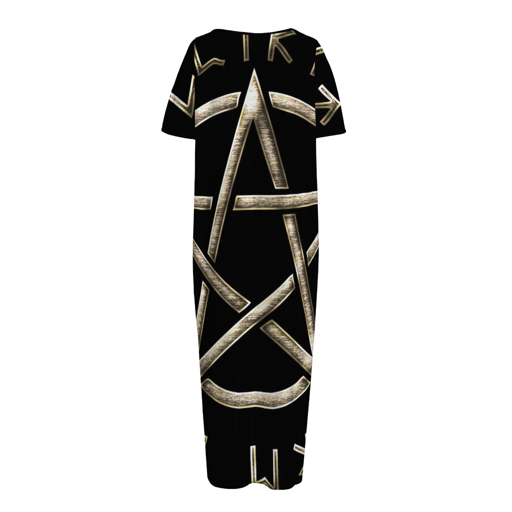 Viking Nordic Runes Pentagram Print Short Sleeve Long Nightdress