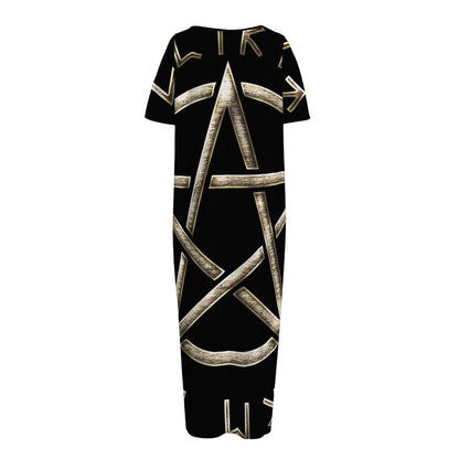 Viking Nordic Runes Pentagram Print Short Sleeve Long Nightdress
