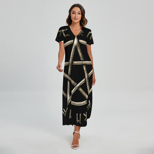 Viking Nordic Runes Pentagram Print Short Sleeve Maxi Dress