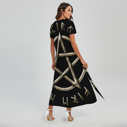 Viking Nordic Runes Pentagram Print Short Sleeve Maxi Dress