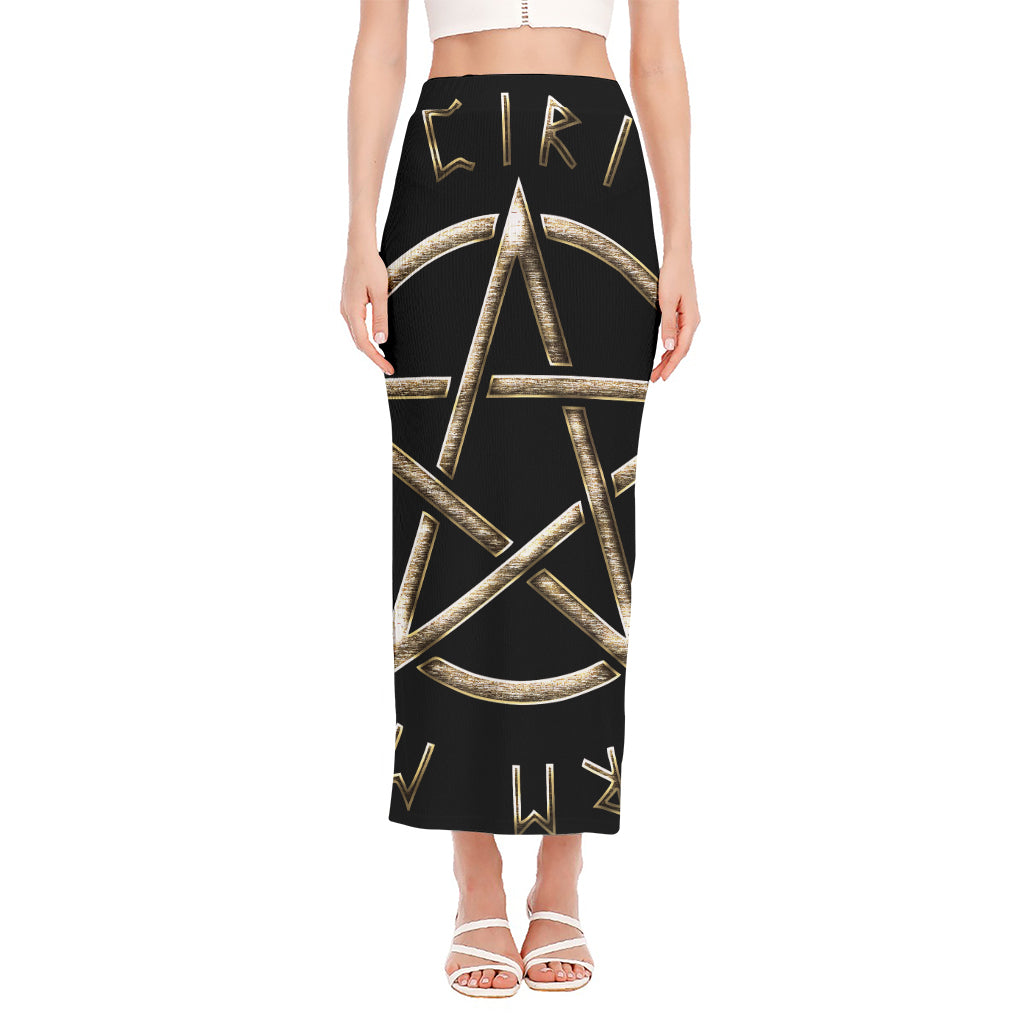 Viking Nordic Runes Pentagram Print Side Slit Maxi Skirt