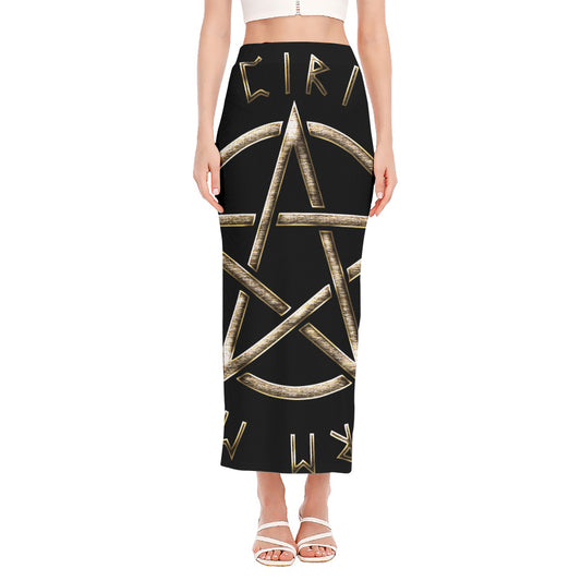 Viking Nordic Runes Pentagram Print Side Slit Maxi Skirt