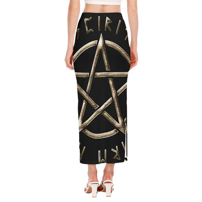 Viking Nordic Runes Pentagram Print Side Slit Maxi Skirt