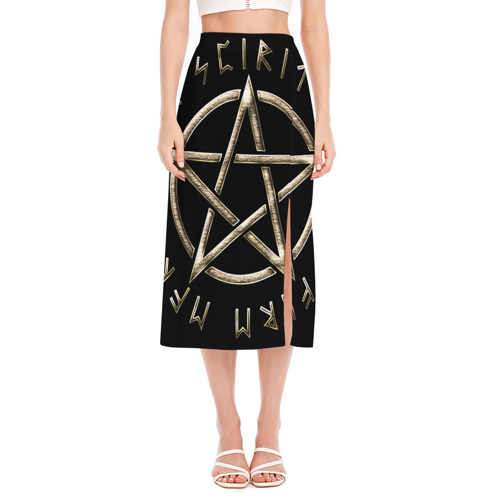 Viking Nordic Runes Pentagram Print Side Slit Midi Skirt
