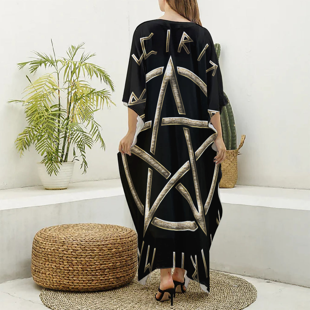Viking Nordic Runes Pentagram Print Silk V-Neck Kaftan Dress