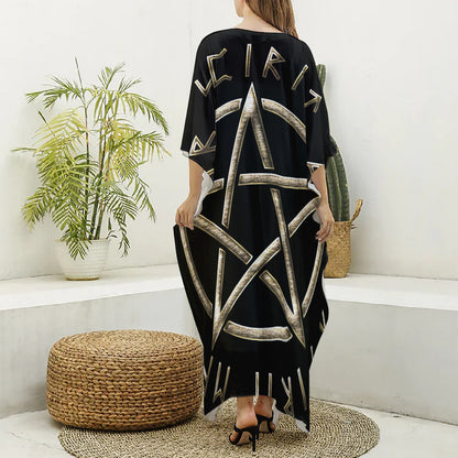 Viking Nordic Runes Pentagram Print Silk V-Neck Kaftan Dress
