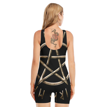 Viking Nordic Runes Pentagram Print Sleeveless One Piece Swimsuit