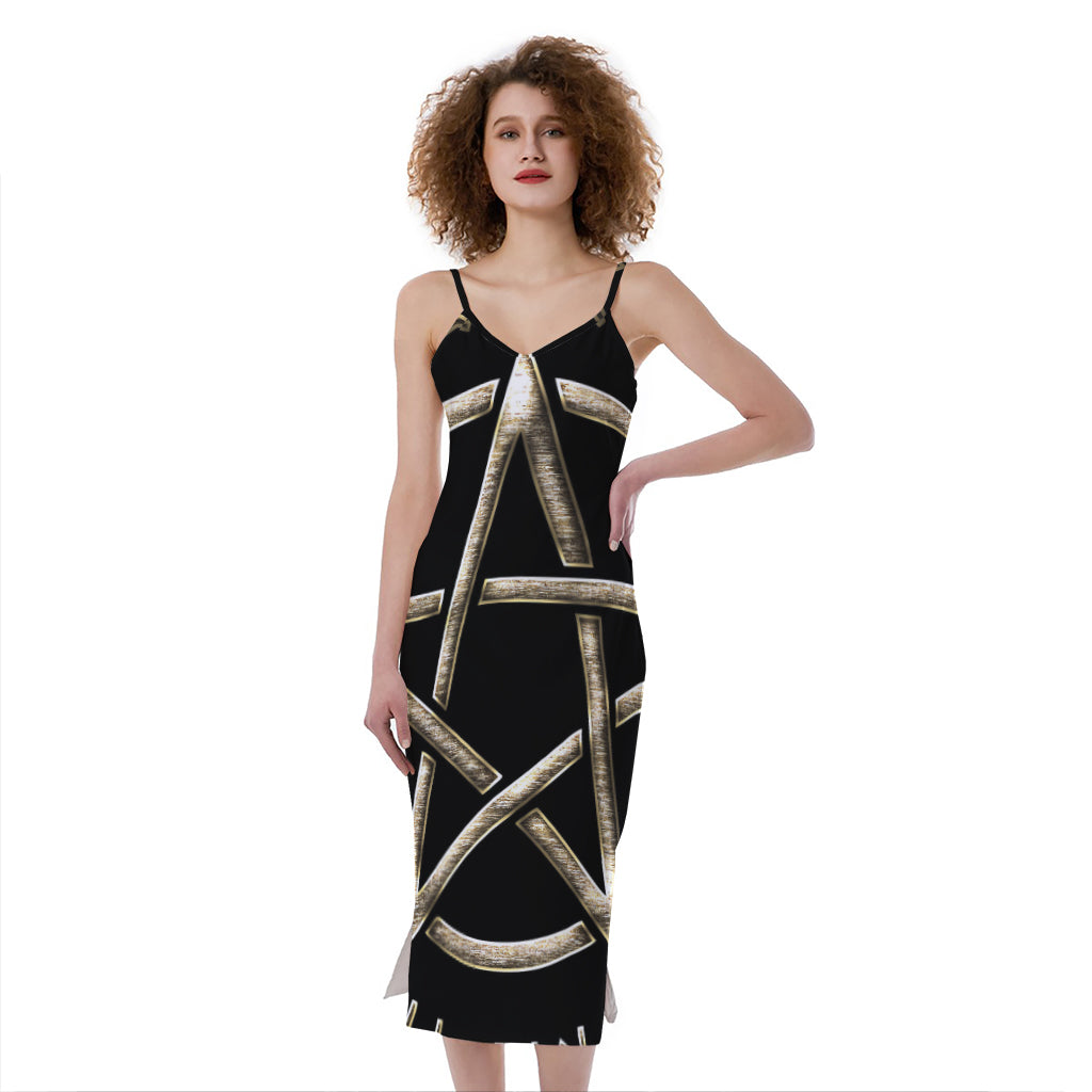 Viking Nordic Runes Pentagram Print Slim Fit Midi Cami Dress