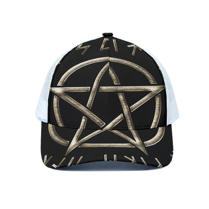 Viking Nordic Runes Pentagram Print White Mesh Trucker Cap