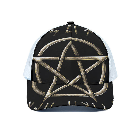 Viking Nordic Runes Pentagram Print White Mesh Trucker Cap