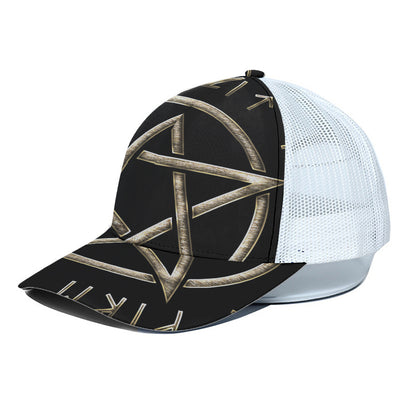Viking Nordic Runes Pentagram Print White Mesh Trucker Cap
