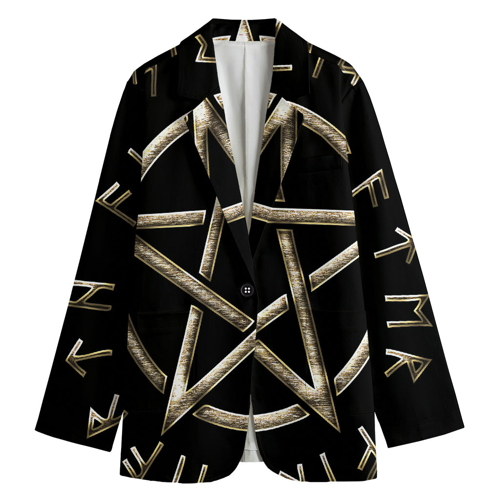 Viking Nordic Runes Pentagram Print Women's Cotton Blazer