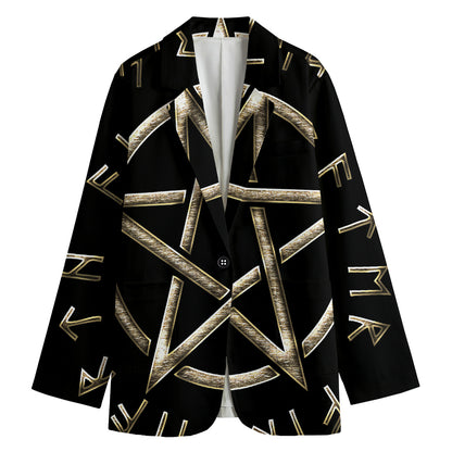 Viking Nordic Runes Pentagram Print Women's Cotton Blazer