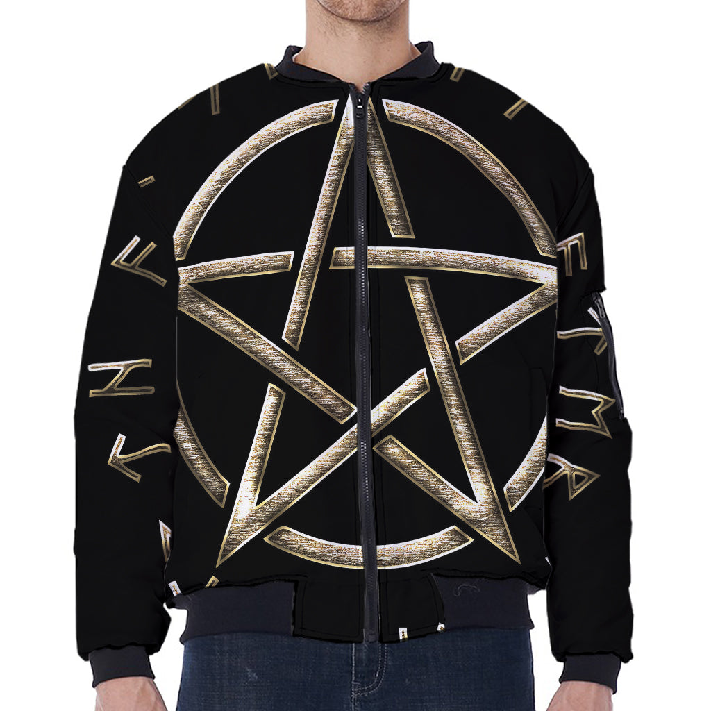 Viking Nordic Runes Pentagram Print Zip Sleeve Bomber Jacket