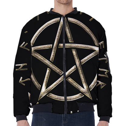 Viking Nordic Runes Pentagram Print Zip Sleeve Bomber Jacket