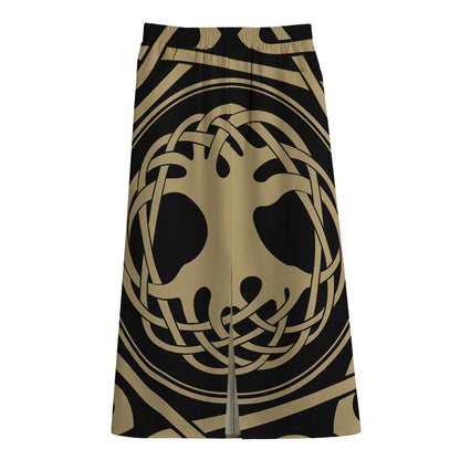 Viking Tree Of Life Print Cotton Front Slit Maxi Skirt