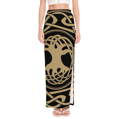 Viking Tree Of Life Print High Slit Maxi Skirt