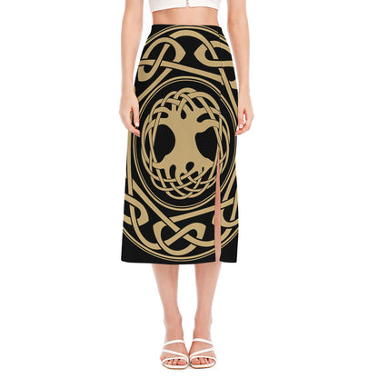 Viking Tree Of Life Print Side Slit Midi Skirt