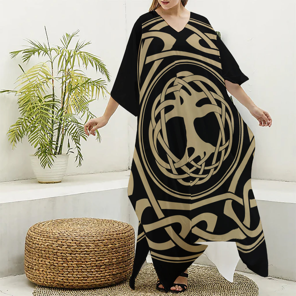 Viking Tree Of Life Print Silk V-Neck Kaftan Dress