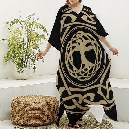 Viking Tree Of Life Print Silk V-Neck Kaftan Dress