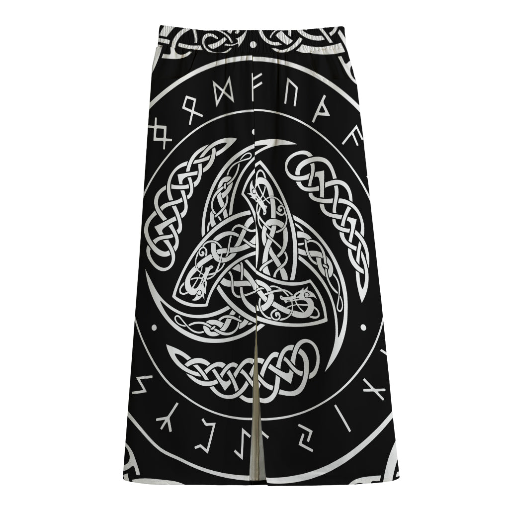 Viking Triple Horn Of Odin Print Cotton Front Slit Maxi Skirt