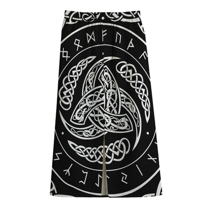 Viking Triple Horn Of Odin Print Cotton Front Slit Maxi Skirt