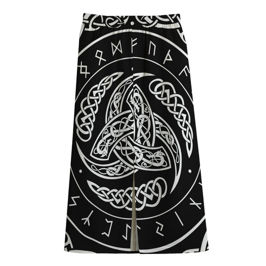 Viking Triple Horn Of Odin Print Cotton Front Slit Maxi Skirt