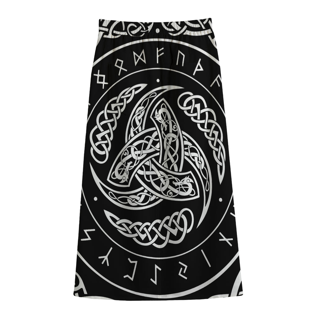 Viking Triple Horn Of Odin Print Cotton Front Slit Maxi Skirt