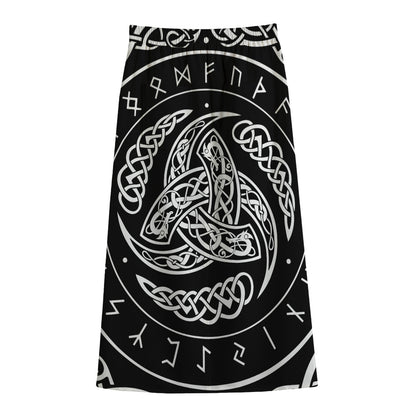 Viking Triple Horn Of Odin Print Cotton Front Slit Maxi Skirt