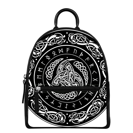 Viking Triple Horn Of Odin Print Leather Backpack