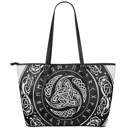 Viking Triple Horn Of Odin Print Leather Tote Bag