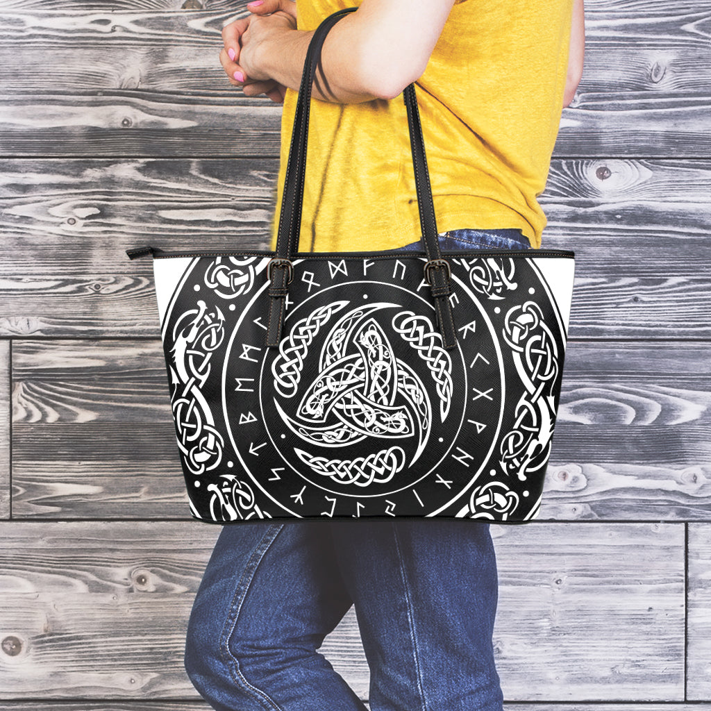 Viking Triple Horn Of Odin Print Leather Tote Bag
