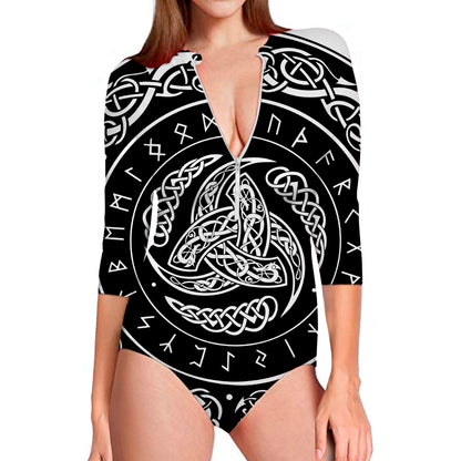 Viking Triple Horn Of Odin Print Long Sleeve Swimsuit