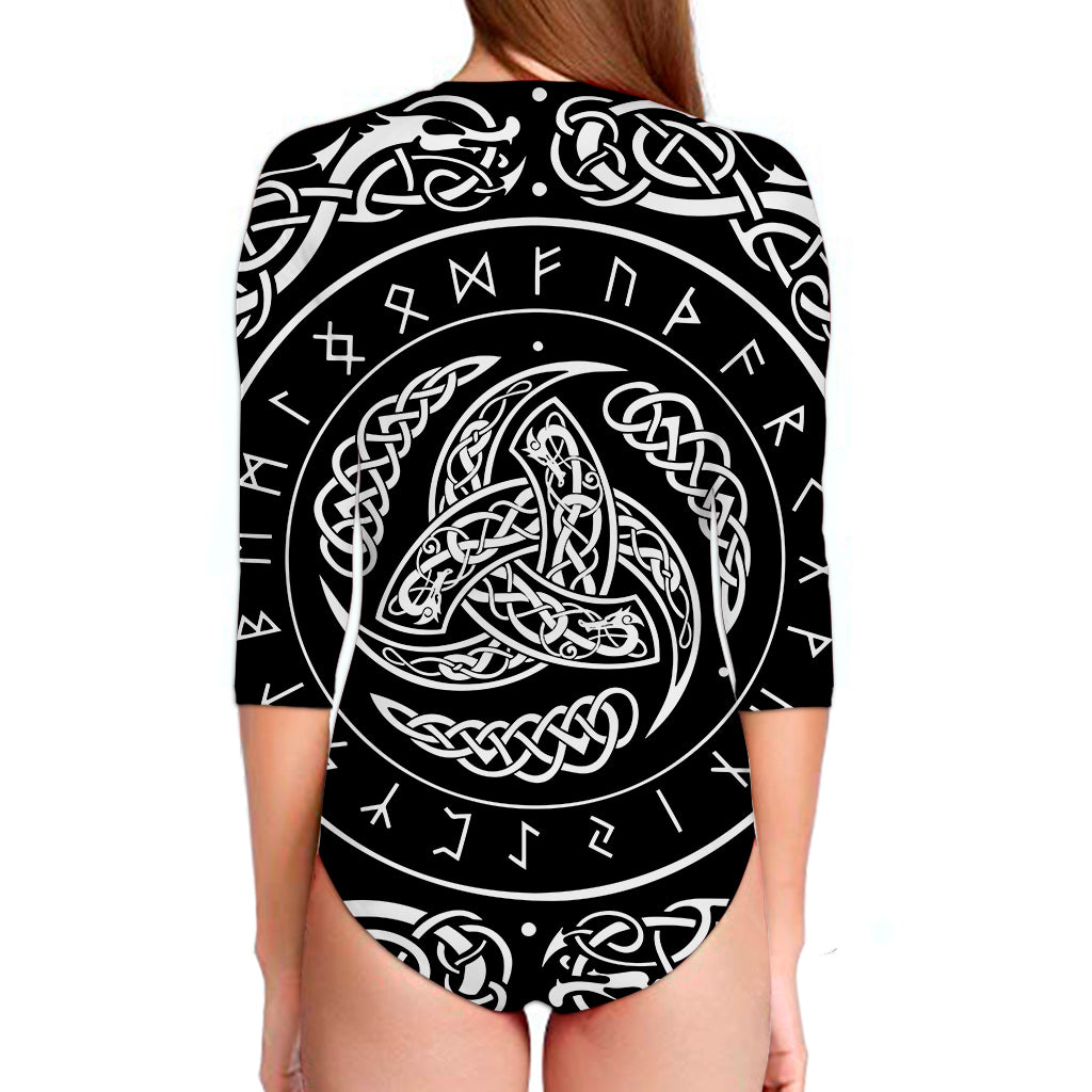 Viking Triple Horn Of Odin Print Long Sleeve Swimsuit