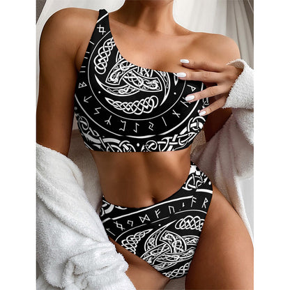 Viking Triple Horn Of Odin Print One Shoulder Bikini Top