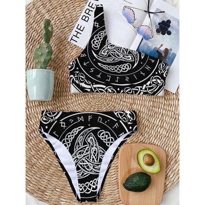 Viking Triple Horn Of Odin Print One Shoulder Bikini Top