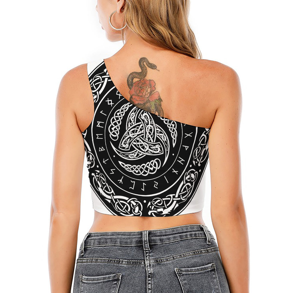 Viking Triple Horn Of Odin Print One Shoulder Crop Top