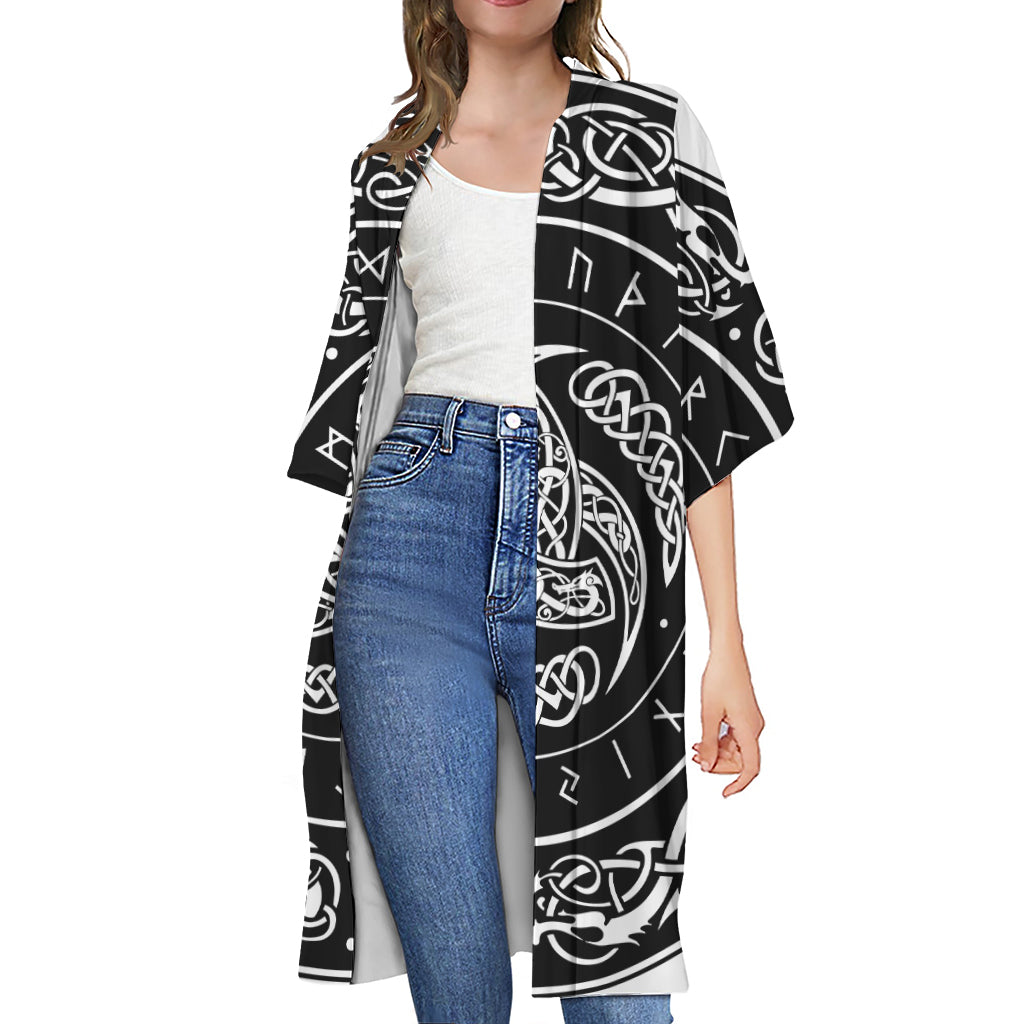 Viking Triple Horn Of Odin Print Open Front Beach Cover Up
