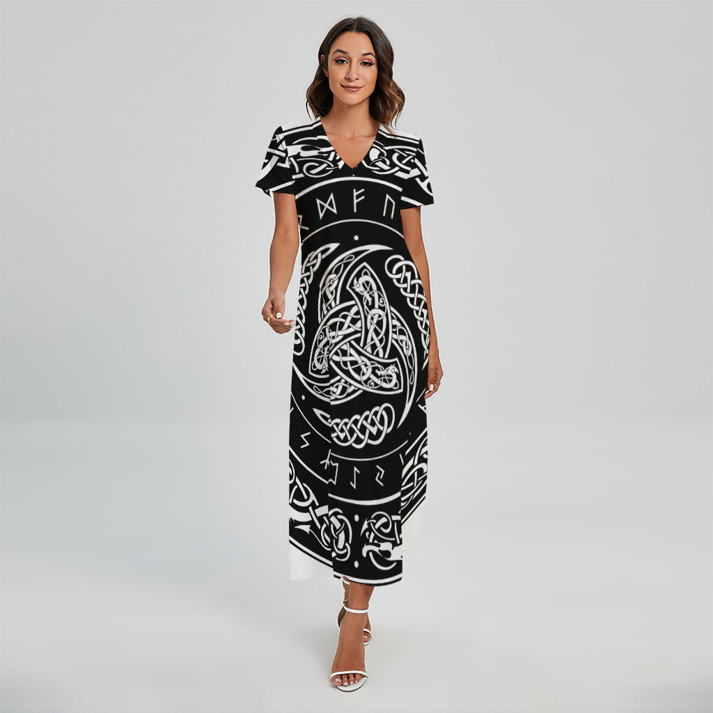 Viking Triple Horn Of Odin Print Short Sleeve Maxi Dress