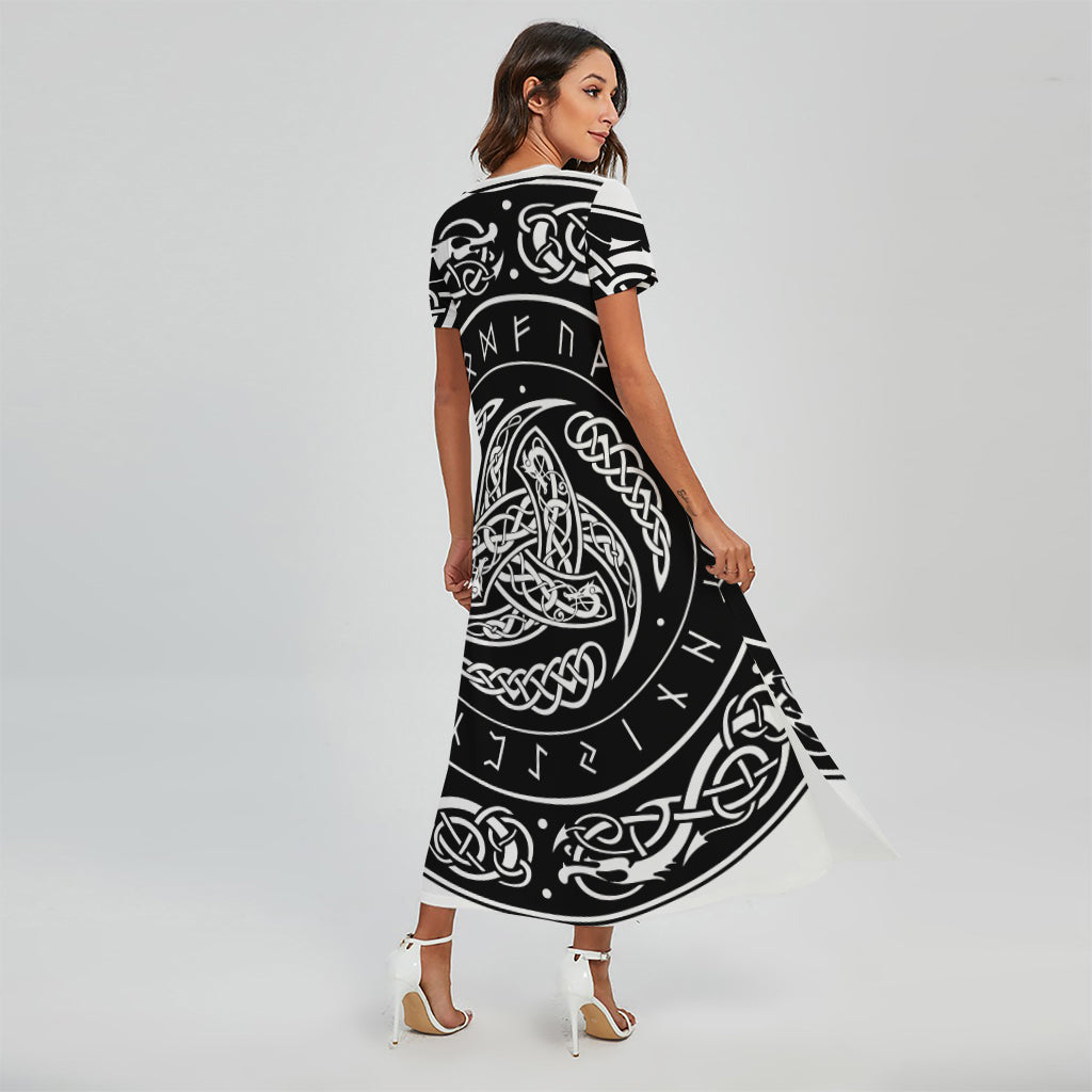 Viking Triple Horn Of Odin Print Short Sleeve Maxi Dress