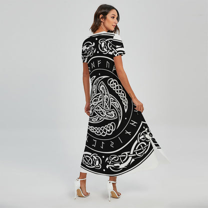 Viking Triple Horn Of Odin Print Short Sleeve Maxi Dress
