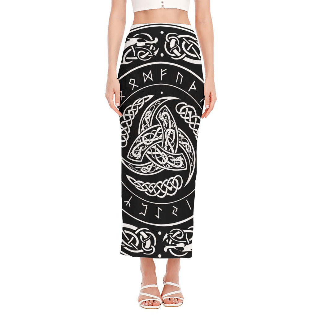 Viking Triple Horn Of Odin Print Side Slit Maxi Skirt