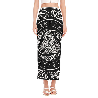Viking Triple Horn Of Odin Print Side Slit Maxi Skirt