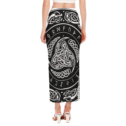 Viking Triple Horn Of Odin Print Side Slit Maxi Skirt