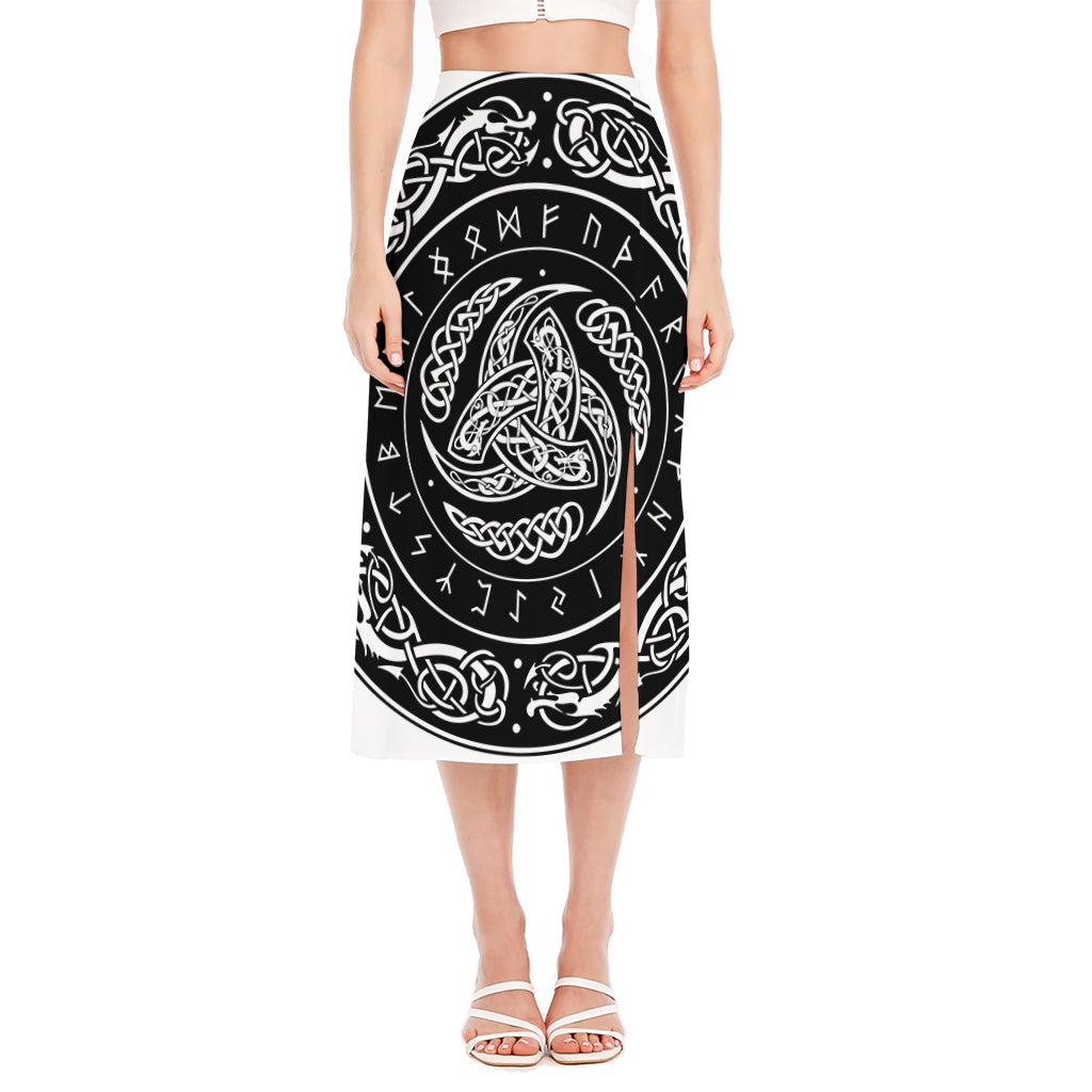 Viking Triple Horn Of Odin Print Side Slit Midi Skirt