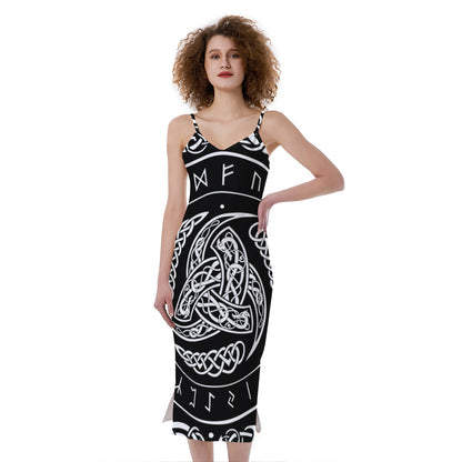 Viking Triple Horn Of Odin Print Slim Fit Midi Cami Dress