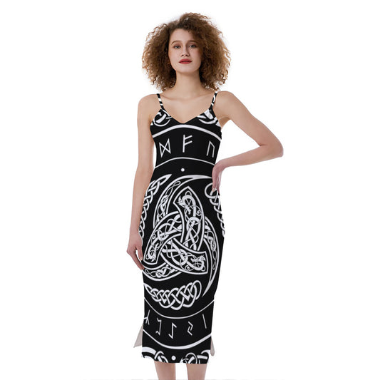 Viking Triple Horn Of Odin Print Slim Fit Midi Cami Dress